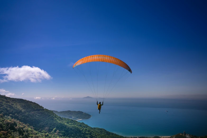 a person that is in the air with a parachute, by Niko Henrichon, pexels contest winner, hurufiyya, vietnam, crossing the blue horizon, avatar image, brown