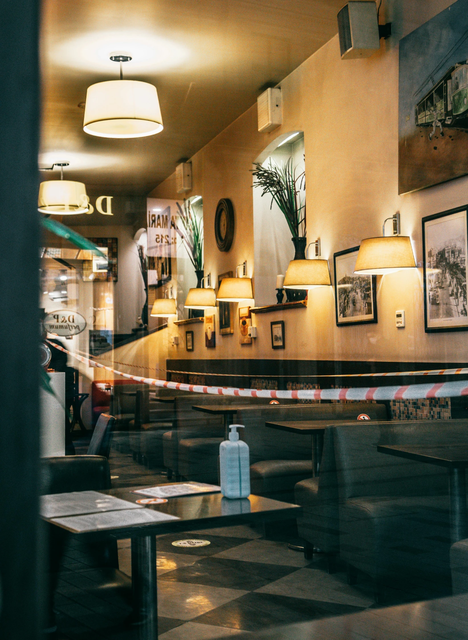 a view of a restaurant through a window, pexels, happening, police tape, ilustration, sitting in a cafe, indoor shot