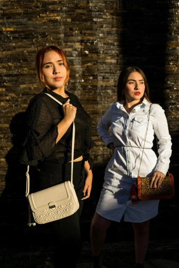 two women standing next to each other in front of a brick wall, by Alejandro Obregón, instagram, bags, in front of a black background, promo image, malaysian