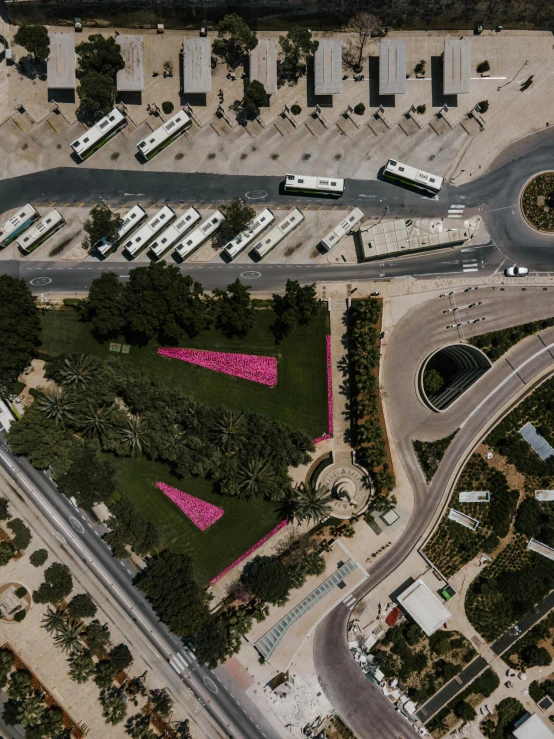 a bird's eye view of a parking lot, a digital rendering, trending on unsplash, graffiti, pink grass, lisbon, bus station, aida muluneh