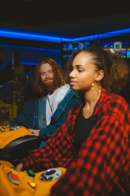 a group of people playing a video game, an album cover, trending on unsplash, happening, ginger wavy hair, chillin at the club together, portrait of two people, 15081959 21121991 01012000 4k