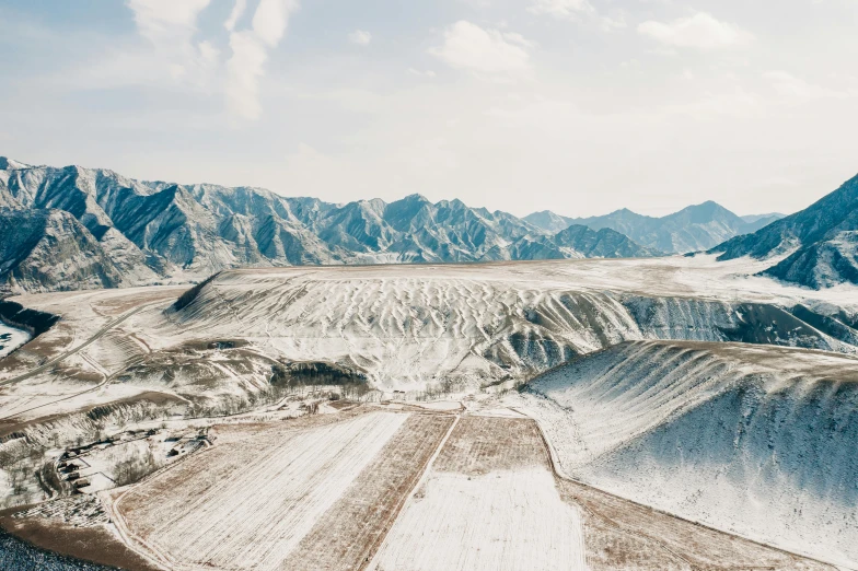 an aerial view of a snow covered mountain range, inspired by Zhang Kechun, unsplash contest winner, land art, industrial futuristic ice mine, 2000s photo, rural wastelands, high quality product image”