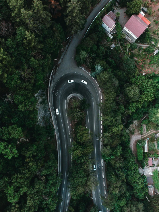 an aerial view of a winding road surrounded by trees, a screenshot, pexels contest winner, happening, sloped street, flying above a tropical forest, thumbnail, multiple stories