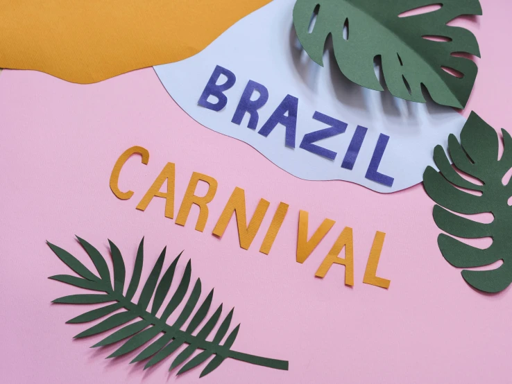 a sign that says brazil carnival on a pink and yellow background, by Amelia Peláez, pexels contest winner, international typographic style, kirigami, pop up parade figure, detail shot, tropical coastal city