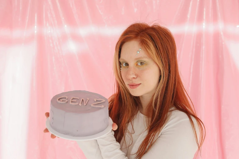 a woman holding a cake with the word love written on it, an album cover, inspired by Hannah Frank, hr ginger, with glowing purple eyes, alexandria's genesis, 2 0 2 5 popstar comeback single