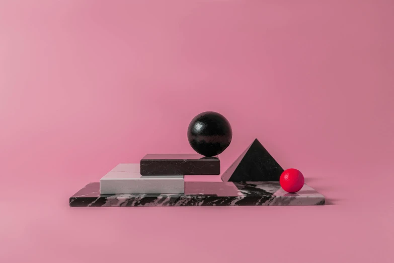 a black ball sitting on top of a marble slab, an abstract sculpture, inspired by Herbert Bayer, geometric abstract art, hot pink and black, still life, abstract blocks, crimson themed