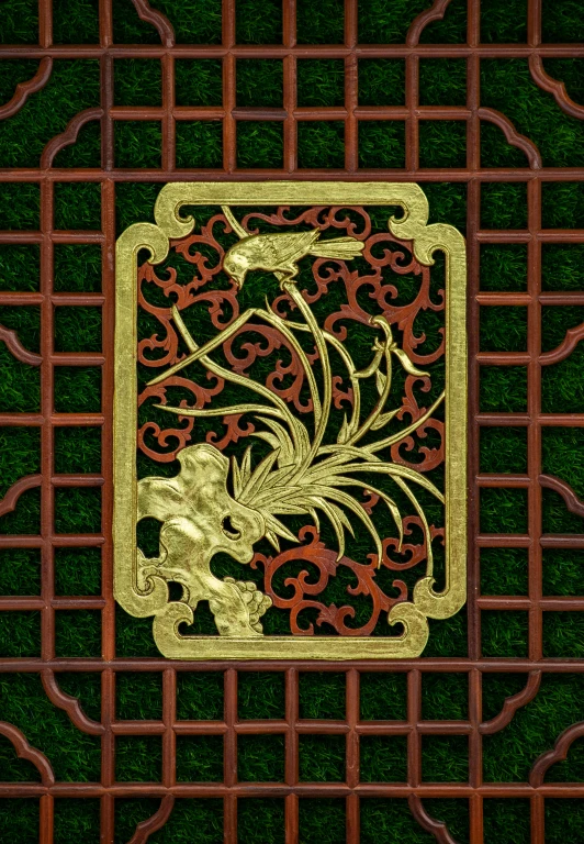 a close up of a decorative design on a wall, an album cover, inspired by Itō Jakuchū, cg society contest winner, cloisonnism, floor grills, gold green creature, digital art - n 9, square