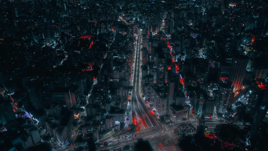 an aerial view of a city at night, an album cover, unsplash contest winner, japonisme 3 d 8 k ultra detailed, high red lights, drone photograpghy, gif