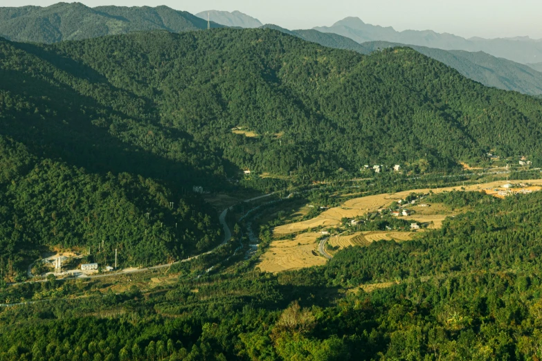 a scenic view of a valley in the mountains, sōsaku hanga, korean countryside, zoomed out to show entire image, thumbnail, lush forests