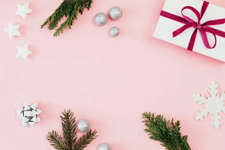 a gift box surrounded by christmas decorations on a pink background, by Carey Morris, pexels contest winner, spruce trees, background white, background image, thumbnail