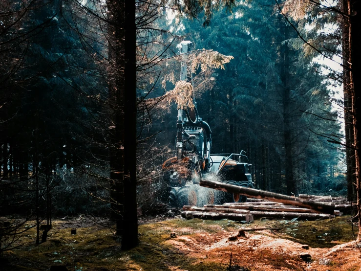 a tractor that is sitting in the woods, by Jesper Knudsen, pexels contest winner, hurufiyya, crane shot, clearing. full shot, thumbnail, high picture quality