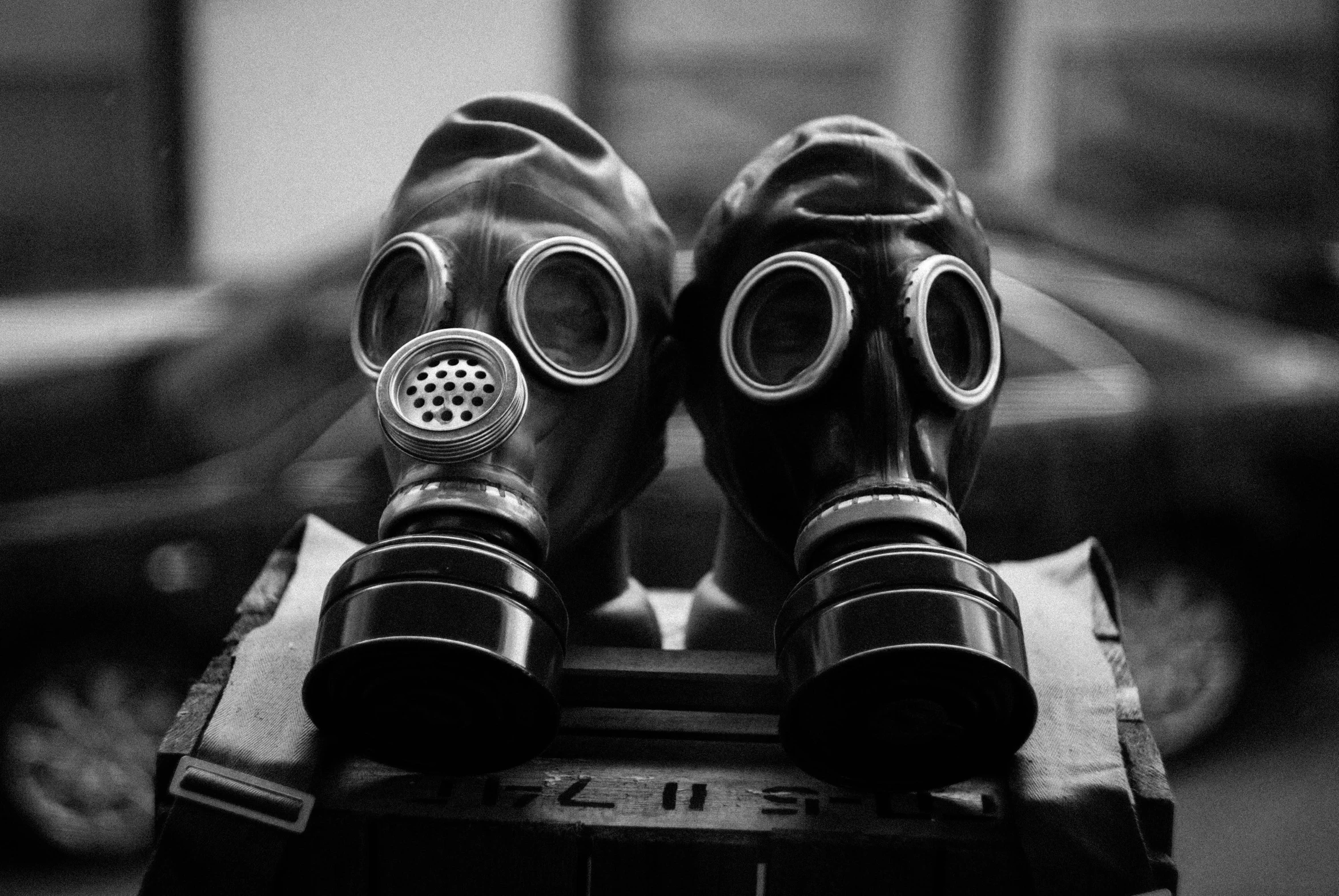 two gas masks sitting on top of a wooden box, a black and white photo, by Kazimierz Wojniakowski, pixabay, nuclear art, medium format, perfume, staring at you