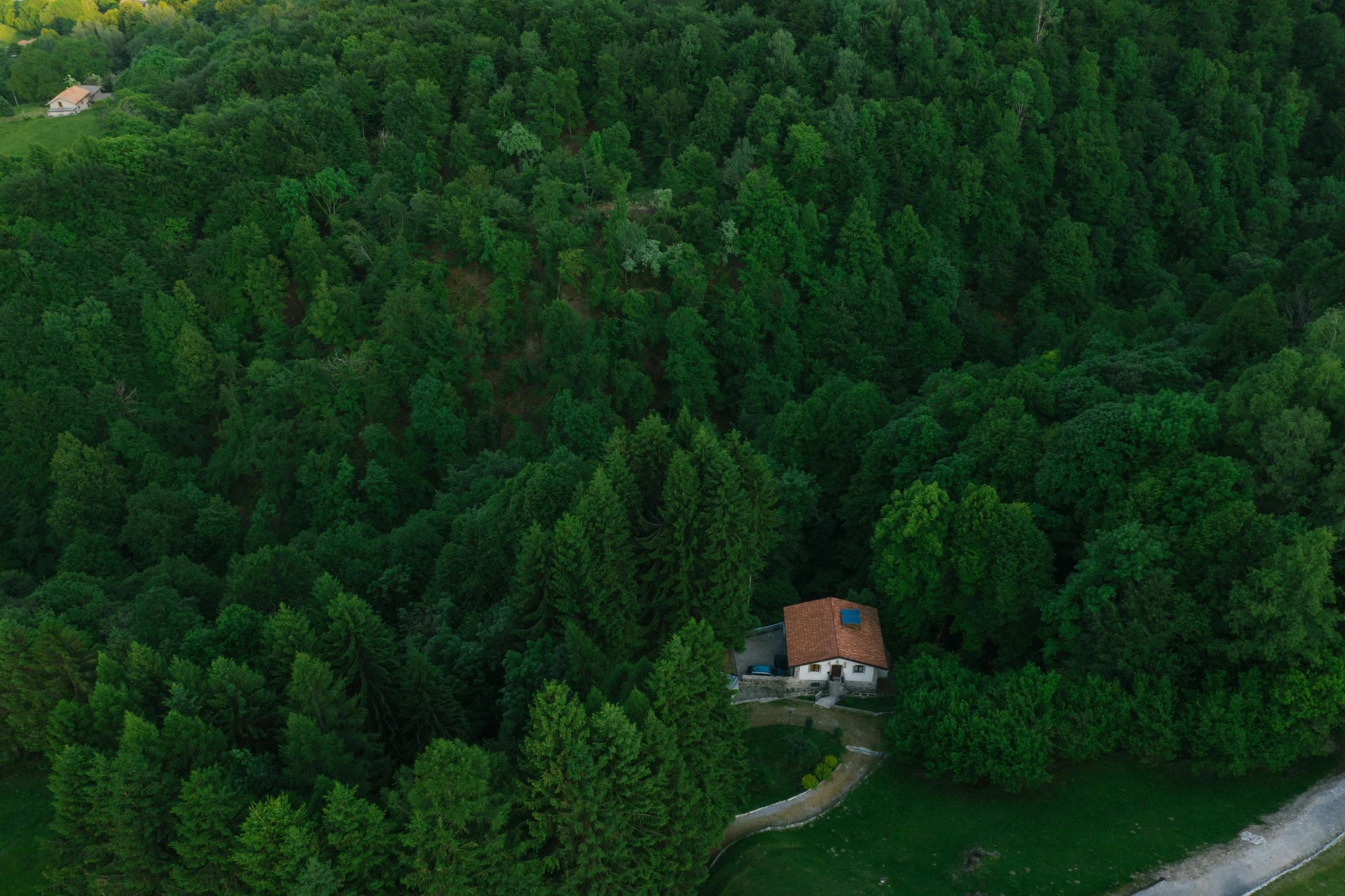 a house sitting on top of a lush green hillside, by Adam Marczyński, pexels contest winner, drone footage, roofed forest, seen from outside, panoramic