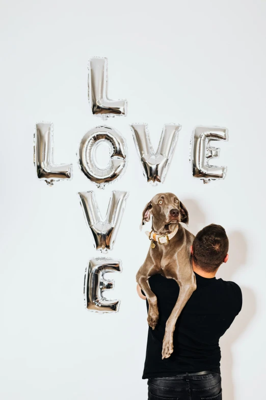 a man holding a dog in front of a love sign, by Julia Pishtar, trending on unsplash, party balloons, made out of shiny silver, studio shoot, instagram story