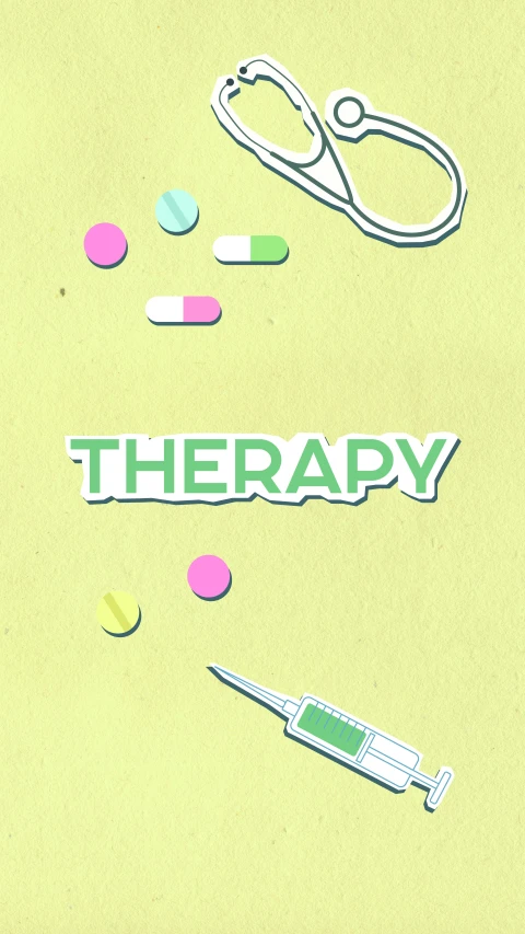 the words therapy surrounded by pills and a stethoscope, poster art, by Lisa Milroy, digital art, lo-fi illustration style, [ theatrical ], grainy photograph, joan cornella