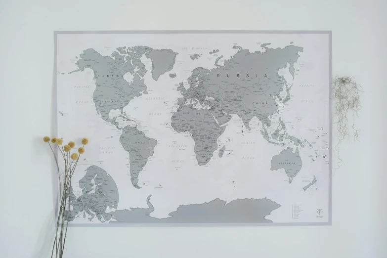 a map of the world hanging on a wall, a poster, by Will Ellis, grey and silver, very large, white outline border, festivals