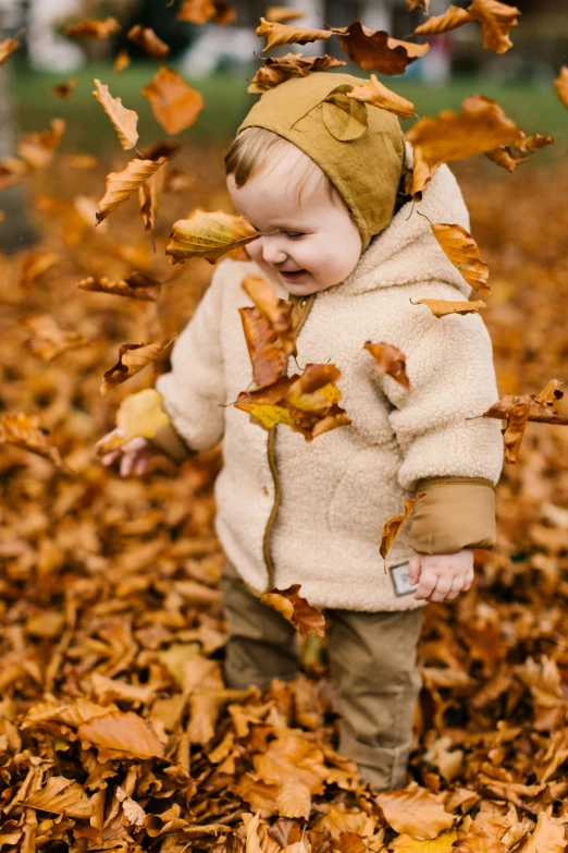 a toddler playing in a pile of leaves, inspired by Kate Greenaway, pexels, light brown coat, thumbnail, multi-part, tan