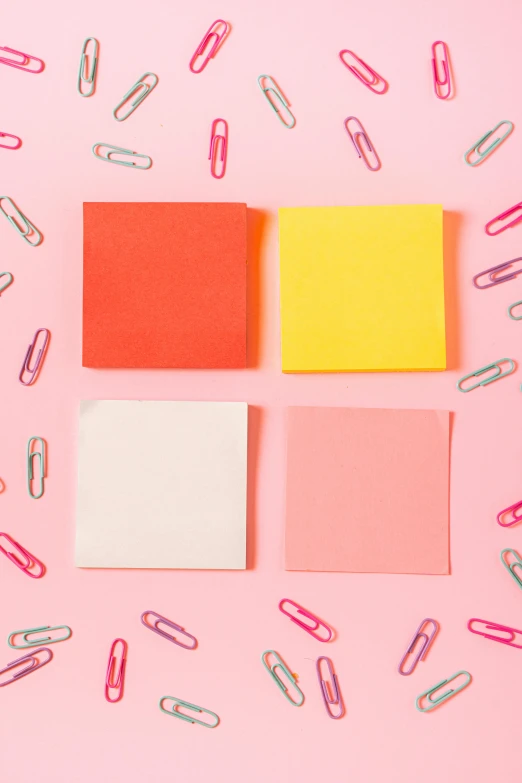 colorful sticky notes and paper clips on a pink background, by Nicolette Macnamara, 4 colors, multiple stories, square shapes, 15081959 21121991 01012000 4k