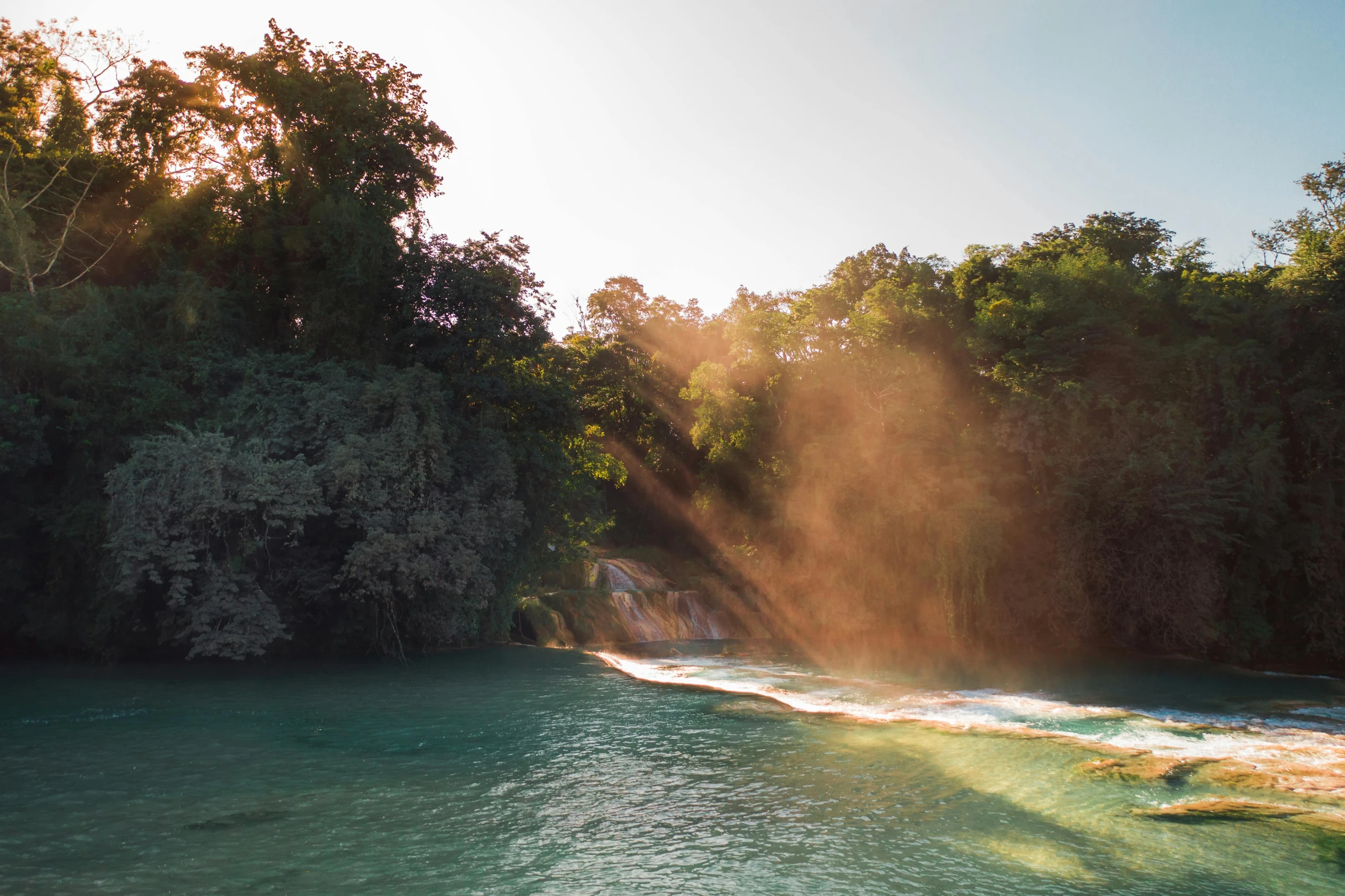 a river flowing through a lush green forest filled with trees, unsplash contest winner, hurufiyya, golden hour in boracay, rainbow river waterfall, sunfaded, bright blue glowing water