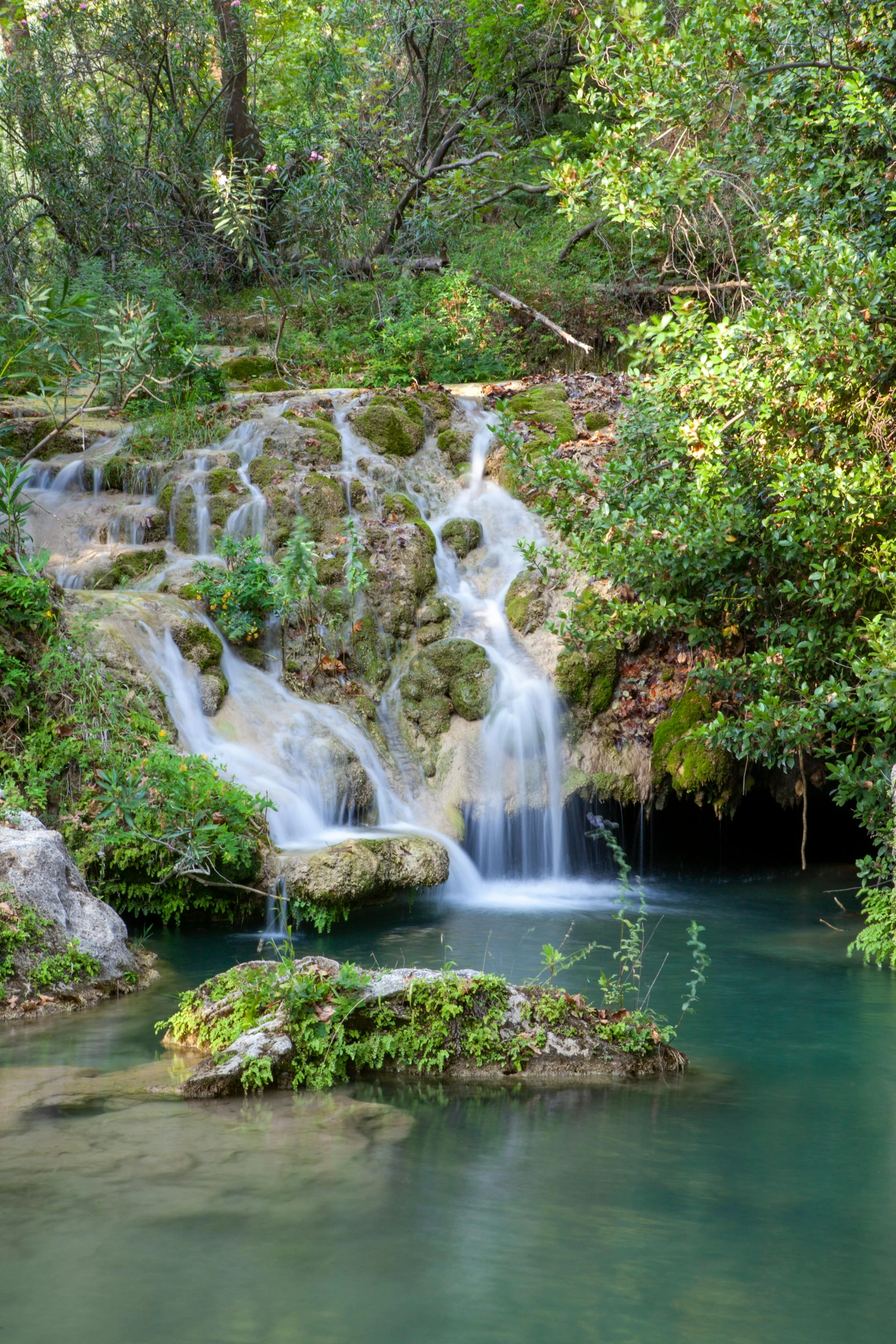 a waterfall in the middle of a lush green forest, les nabis, blue waters, delightful surroundings, stream