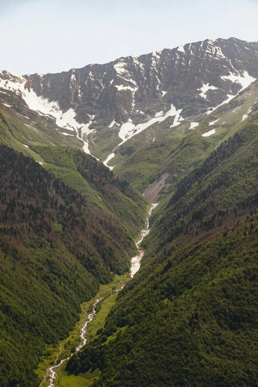 a river running through a lush green valley, by Muggur, les nabis, mountain snow, seen from above, mount olympus, brown