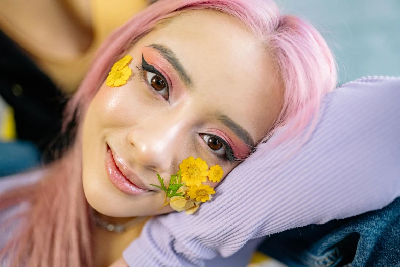 a woman with pink hair and yellow flowers on her face, trending on pexels, young asian woman, pov photo, pokimane, ariana grande photography