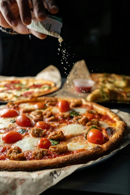 a person sprinkling pepper on a pizza, different sizes, subtle detailing, eating a pizza margherita, 6 pack