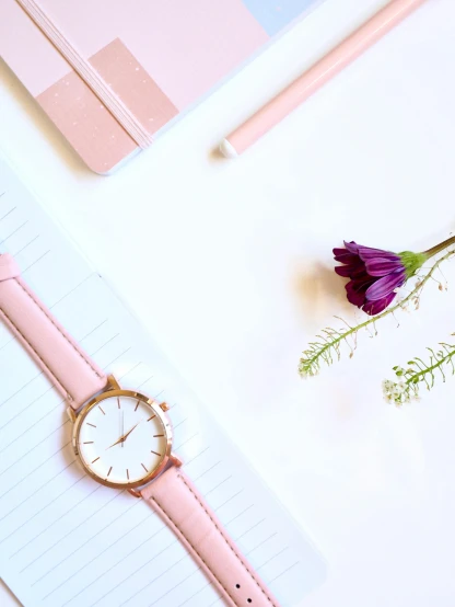 a pink watch sitting on top of a desk next to a notebook, trending on pexels, delicate garden on paper, high view, half image, various posed