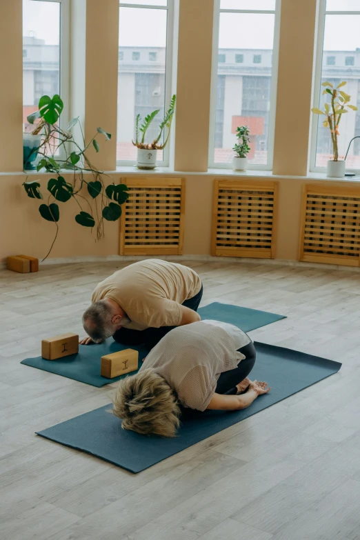 a couple of people doing yoga in a room, head down, soft surfaces, square, thumbnail