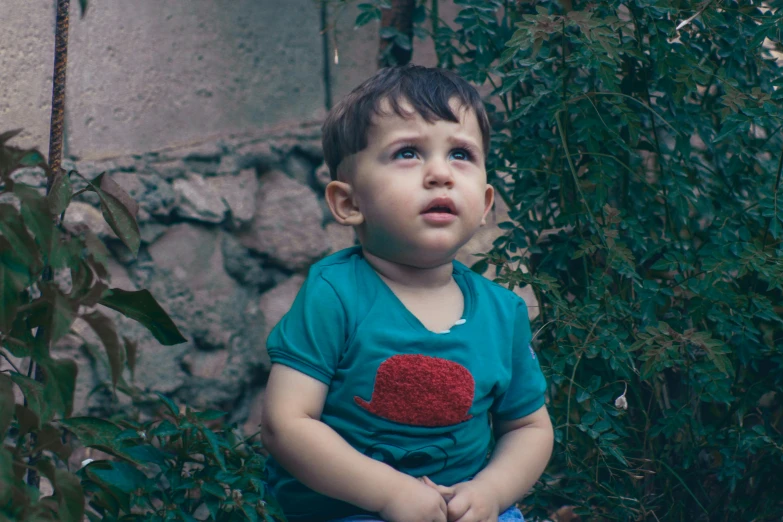 a little boy sitting on top of a fire hydrant, an album cover, by Elsa Bleda, pexels contest winner, symbolism, in a dark teal polo shirt, concerned expression, sitting in the garden, ahmad merheb
