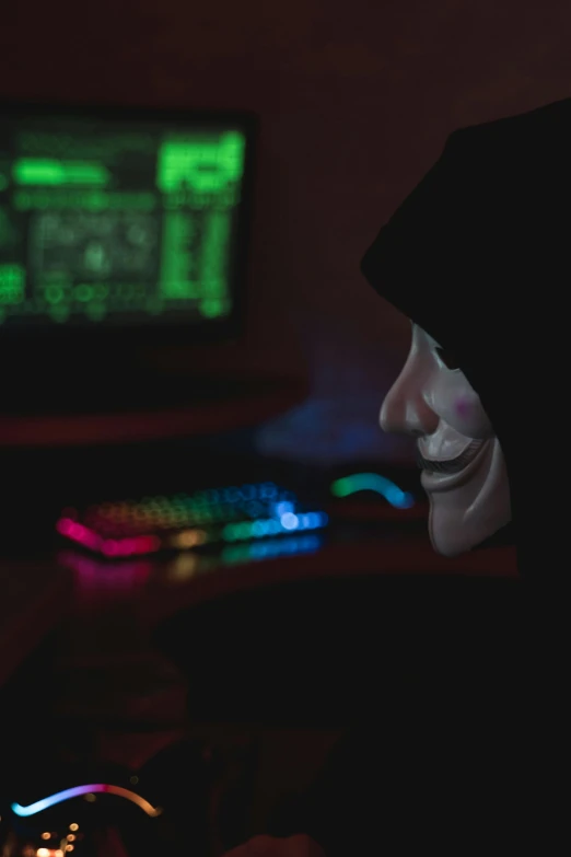 a person in a hoodie sitting in front of a computer, anonymous mask, wearing a black robe, promo image, cybersuits
