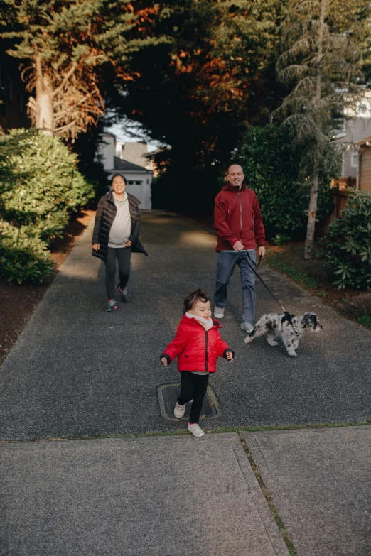 a group of people walking a dog down a sidewalk, husband wife and son, manuka, ignant, with tiny people