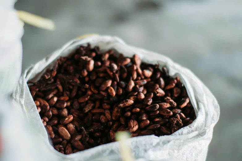 a bag of coffee beans sitting on top of a table, by Julia Pishtar, recipe, thumbnail, up-close, chocolate