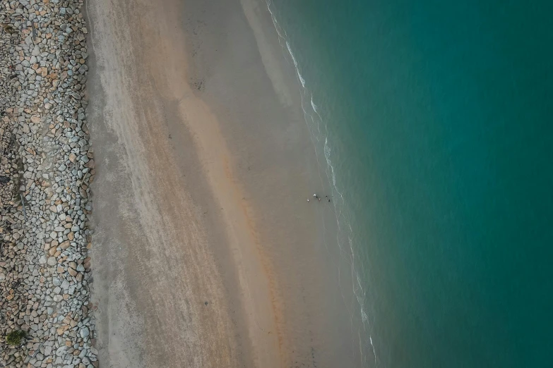an aerial view of a beach and a body of water, by Thomas Furlong, unsplash contest winner, brown and cyan color scheme, people angling at the edge, muted colours 8 k, looking to the right