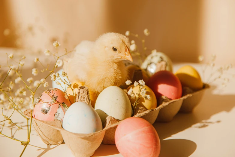 a small chicken sitting on top of a carton filled with eggs, by Ellen Gallagher, trending on pexels, renaissance, decorations, sun puddle, pastell colours, on a table