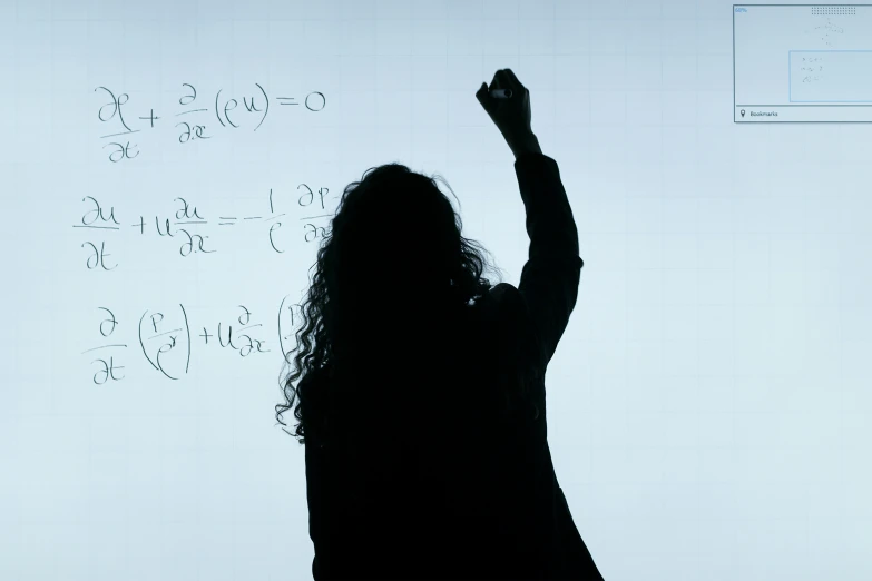 a silhouette of a woman writing on a whiteboard, by Carey Morris, pexels, analytical art, equations, square, modeled, teacher