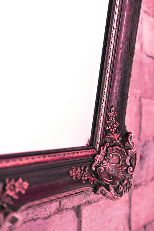 a mirror hanging on the side of a brick wall, a picture, unsplash, baroque, ((pink)), square pictureframes, rich deep pink, styleframe