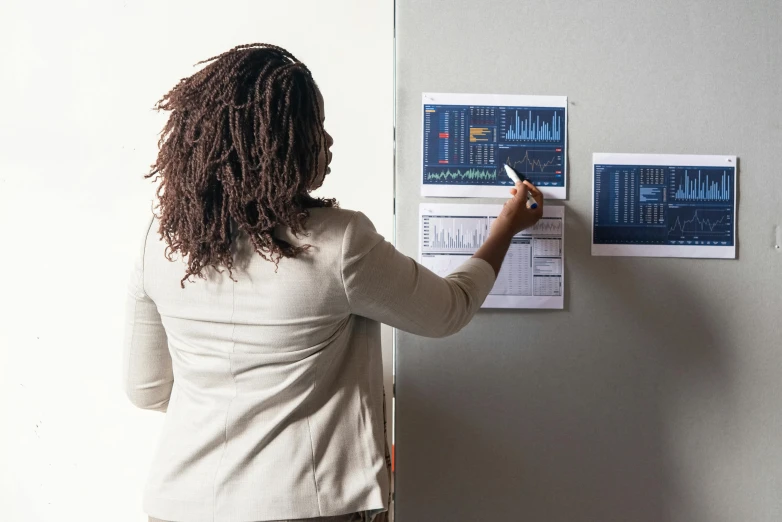 a woman is writing on a bulletin board, a poster, by Carey Morris, trending on unsplash, analytical art, displaying stock charts, african american woman, 15081959 21121991 01012000 4k, programming