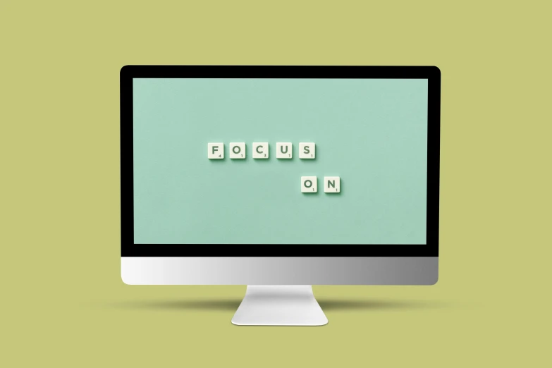 a computer monitor with scrabbles on the screen, a computer rendering, inspired by Ian Hamilton Finlay, trending on unsplash, focus unfocus, green theme, on a pale background, setting is bliss wallpaper