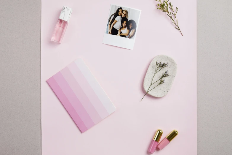 a picture of a man and a woman on a pink background, a polaroid photo, trending on pexels, color field, floating in perfume, on desk, rose quartz, pastel faded grey rainbow