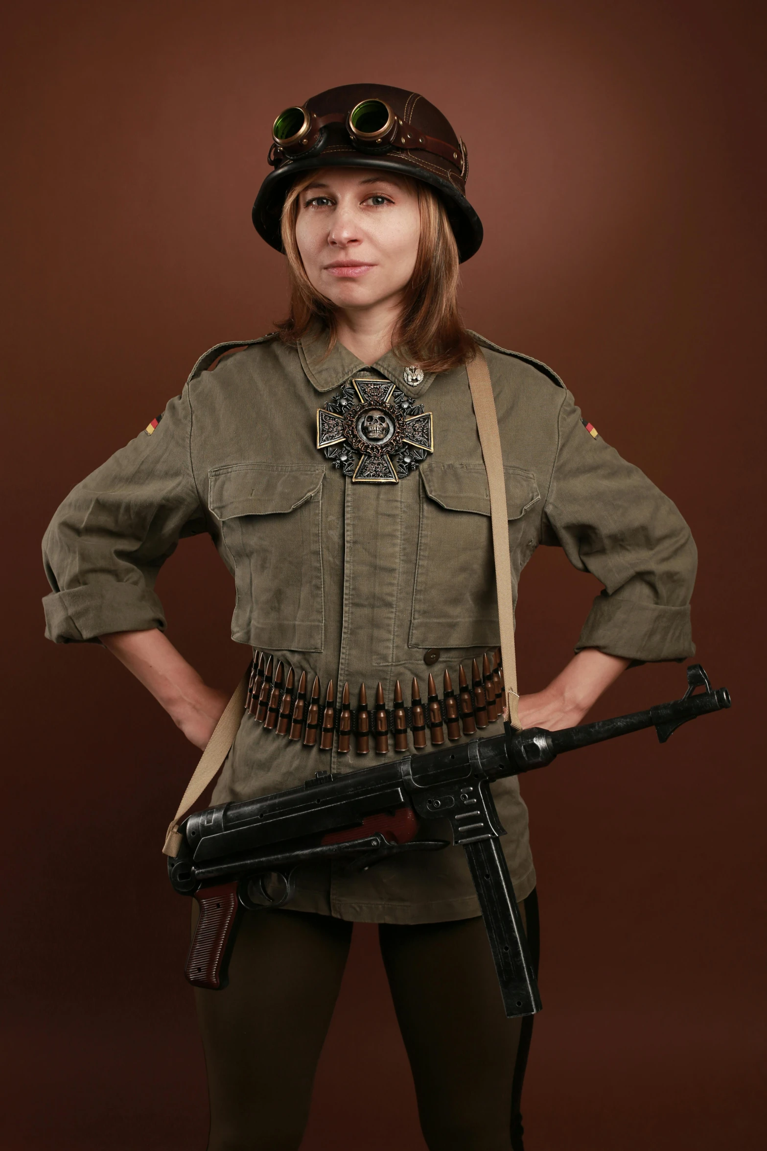 a woman in a military uniform holding a machine gun, a portrait, inspired by August Sander, berlin secession, hearts of iron portrait style, profile picture 1024px, bandolier, authentic costume