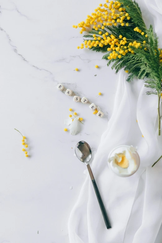 a cup of coffee sitting on top of a white table, yellow flowers, translucent eggs, spoon placed, profile image