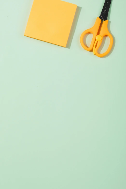 a pair of scissors sitting on top of a piece of paper, postminimalism, (cheese), seafoam green, yellow, snacks