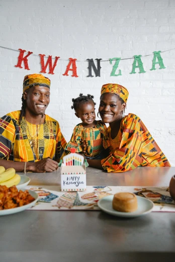 a family sitting at a table with a birthday cake, a portrait, by Ingrida Kadaka, pexels contest winner, wearing an african dress, promotional image, wearing festive clothing, 3 - piece