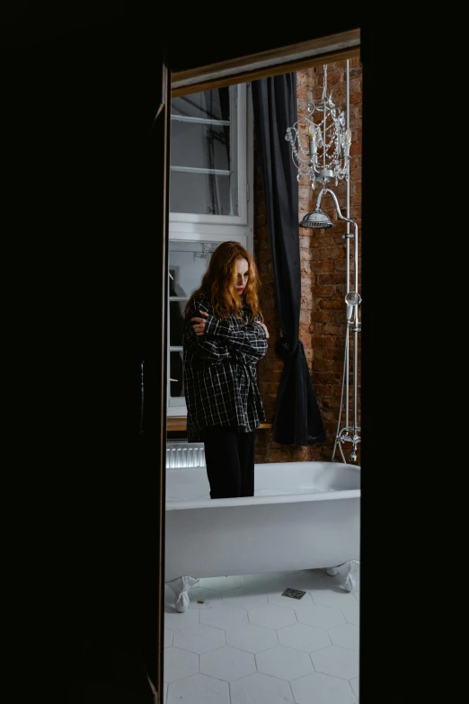 a woman taking a picture of herself in a mirror, a picture, inspired by Elsa Bleda, pexels contest winner, renaissance, a redheaded young woman, bathtub, full body dramatic profile, profile image