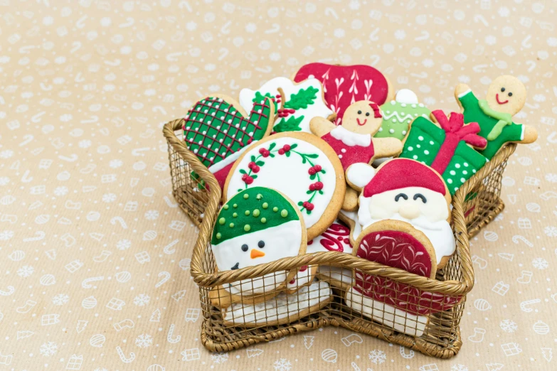 a basket filled with christmas cookies on top of a table, pexels, naive art, emma bridgewater and paperchase, edible, rectangle, santa