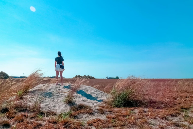 a woman standing on top of a rock in a field, a picture, unsplash, land art, blue sky background with moon, sand banks, with instagram filters, on an island