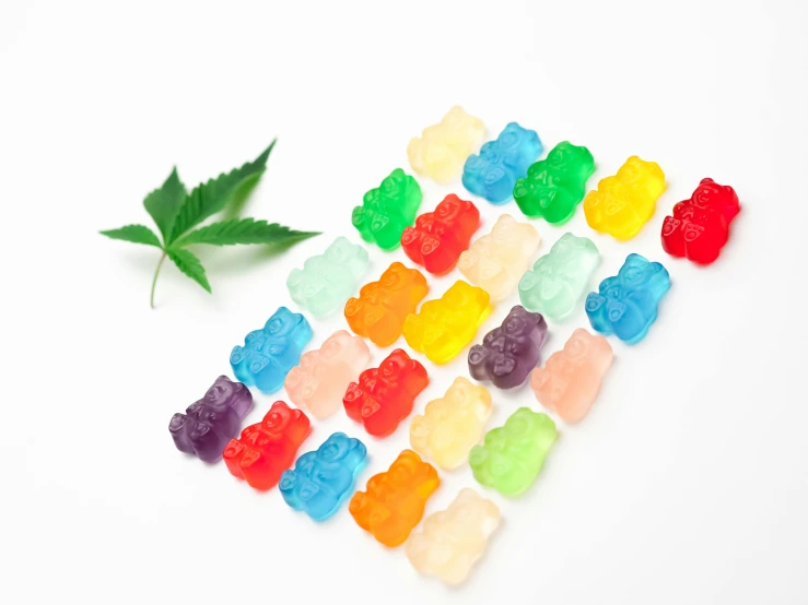 a pile of gummy bears next to a marijuana leaf, a picture, japanese collection product, in a row, pale sober colors 9 0 %, thumbnail