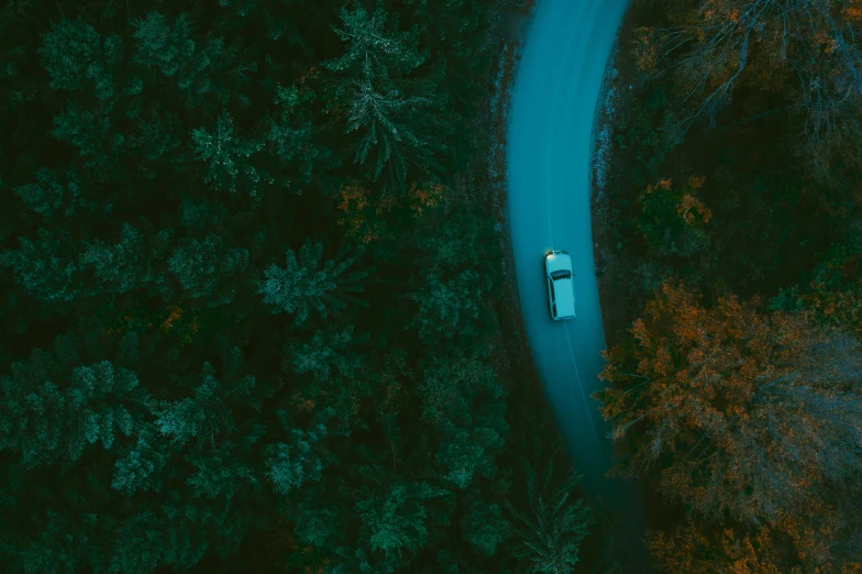 a car driving down a road in the middle of a forest, inspired by Elsa Bleda, unsplash contest winner, hurufiyya, teal color graded, high angle shot, thumbnail, feature