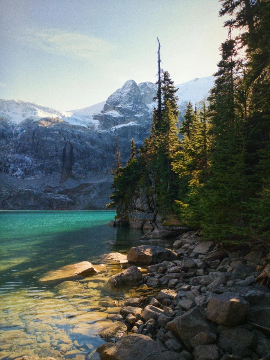 a large body of water surrounded by trees, a picture, inspired by James Pittendrigh MacGillivray, pexels contest winner, glacier, turquoise water, vancouver, slide show